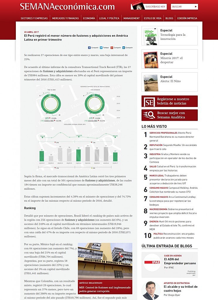 El Per registr el menor nmero de fusiones y adquisiciones en Amrica Latina en primer trimestre